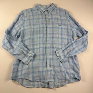 Vineyard Vines Classic Fit Tucker Shirt 100% Linen Men XL Long Sleeve Blue Plaid